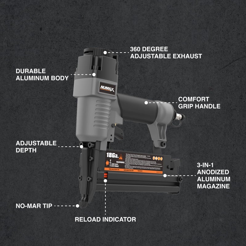 NuMax Pneumatic 3-in-1 Nail Gun | 16 GA & 18 GA Finish Nailer, Brad Nailer, Stapler | Multi-Purpose Air Tool for Trim, Moulding, Baseboards, Furniture, and Home Improvement Projects | SL31 - Image 4